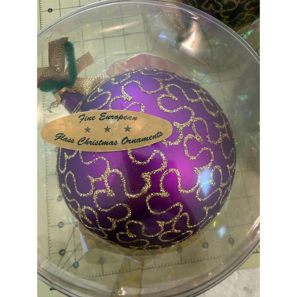 Fine European Glass Christmas Ornaments Purple Gold Glitter Set of 3 Poland.